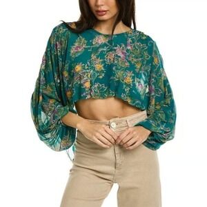 NWT Free People Up For Anything Top‎ Size L– Emerald Floral Sheer Balloon Sleeve